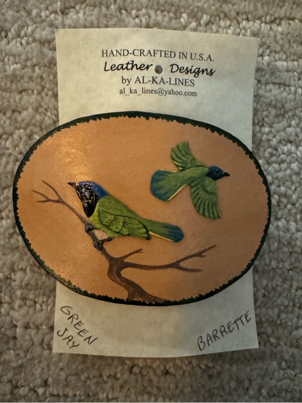 Hand-Crafted Leather Green Jay Bird Barrette